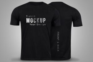 Black t-shirts mockup front and back used as design template.
