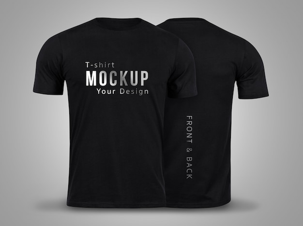 Black t-shirts mockup front and back used as design template.