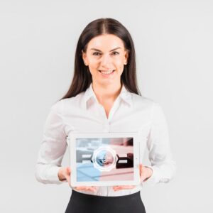 Businesswoman holding tablet mockup for labor day