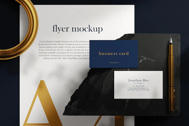 Clean minimal business card mockup on black stone and paper a4 with gold pen background. psd file.