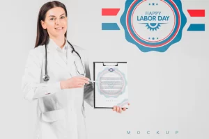 Doctor man holding clipboard mockup for labor day