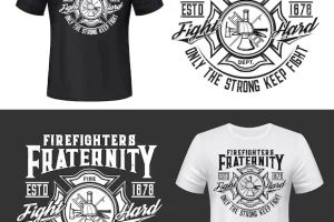 Fire department firefighter emblem t-shirt retro print template. firefighting rescue service apparel vector print. fireman dept maltese cross symbol with helmet and ladder, hook and vintage typography