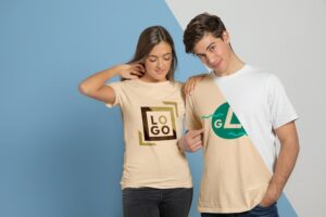 Front view of couple posing in t-shirts