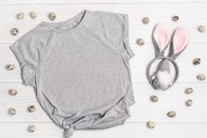 Funny easter spring mockup gray tshirt blank gnome with bunny ears and small easter eggs