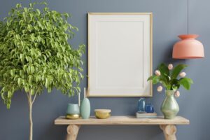 Interior wooden frame mockup on shelf behind the blue wall.3d rendering