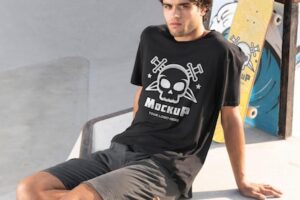 Male skateboarder with mock-up t-shirt