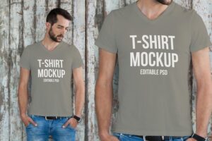 Man wearing grey tshirt with mockup for adding text