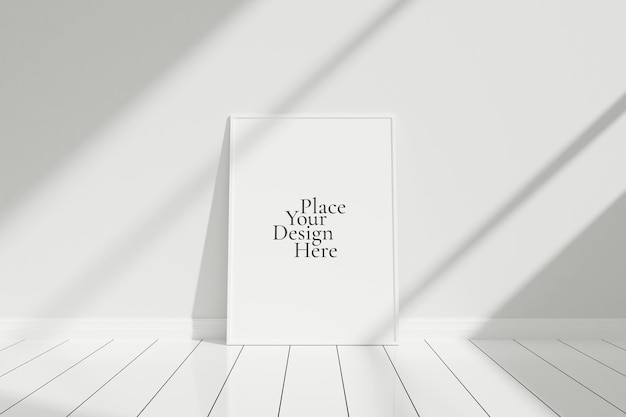 Minimalist and clean vertical white poster or photo frame mockup on the floor leaning against the room wall with shadow