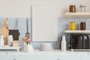 Mock up poster frame in kitchen interior.3d rendering
