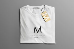 Mockup folded t-shirt. tag and label mockup