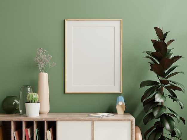 Mockup photo frame green wall mounted on the wooden cabinet with beautiful plants,3d rendering