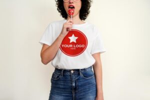 Mockup for white t shirt woman with lollipop