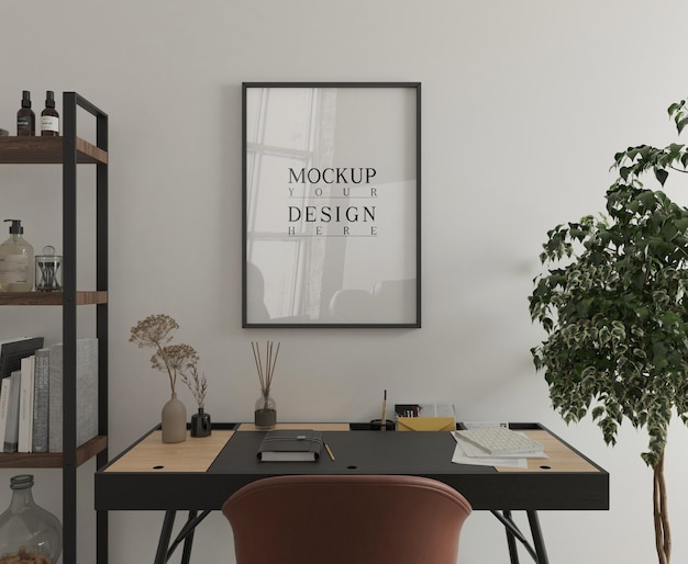 Modern study room with desk and mockup poster 3d rendering
