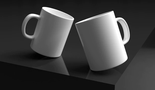 Pack of white mugs over dark surface