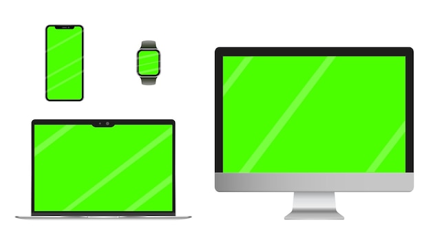 Set of realistic vector laptop, tablet computer, monitor and mobile phone template. green screen