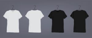 Set of realistic white and black unisex classic t-shirt with round neckline on coat hanger. front and back view.