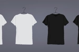Set of realistic white and black unisex classic t-shirt with round neckline on coat hanger. front and back view.