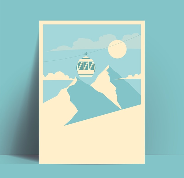 Ski or snowboarding or winter mountains tour poster or flyer  template with mountains silhouettes and mountain lift cabin and blank space for your text.