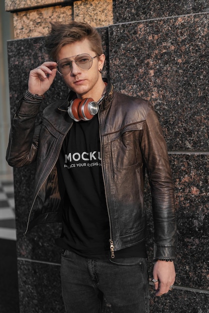 T-shirt mockup stylish man with headphones
