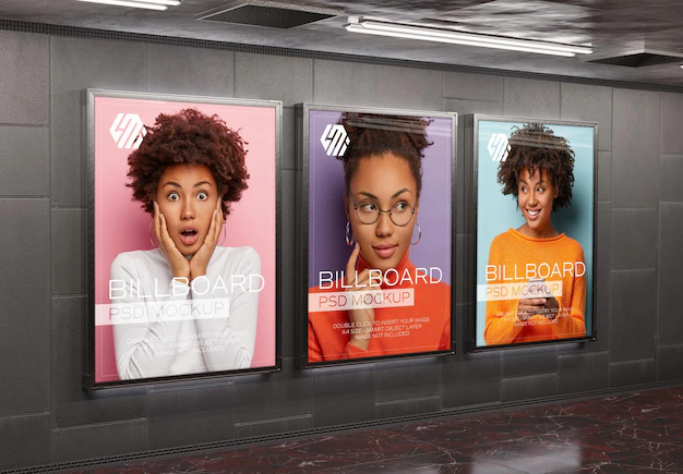 Three billboards on underground subway wall mockup