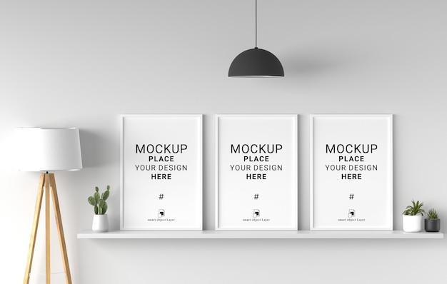 Three blank photo frames for mockup in living room, template psd.