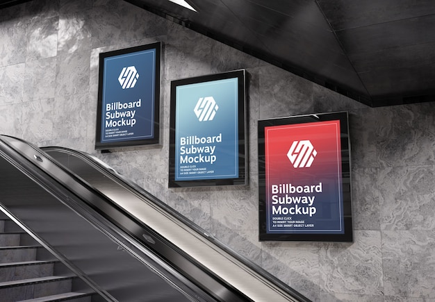 Three vertical billboards in subway station mockup