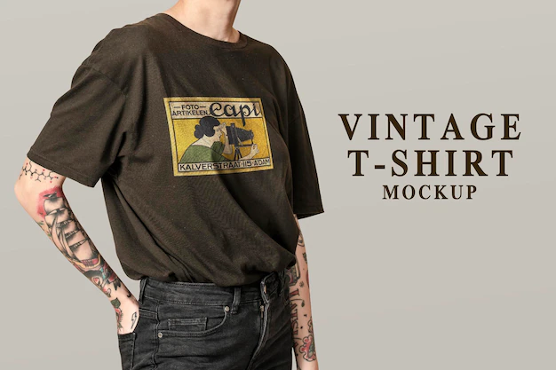 Vintage t-shirt mockup, oversized apparel with logo design psd