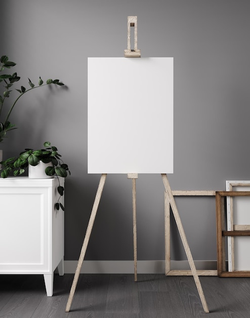 White blank canvas on wooden easel, in minimal living room interior. 3d rendering