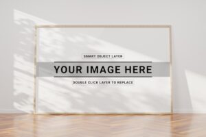 Wooden frame leaning in interior mockup