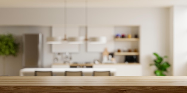 Wooden table top on blur kitchen room backgroundmodern contemporary kitchen room interior