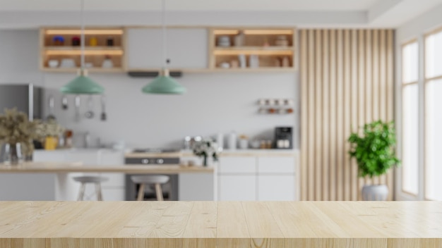 Wooden table top on blur kitchen room backgroundmodern kitchen room interior