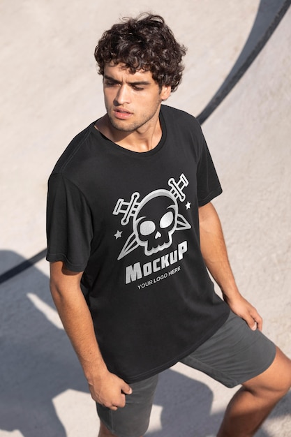 Young male skateboarder with mock-up t-shirt