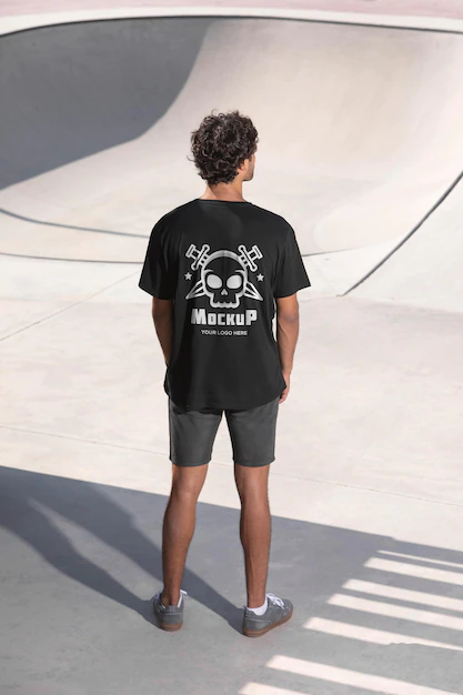 Young male skateboarder with mock-up t-shirt