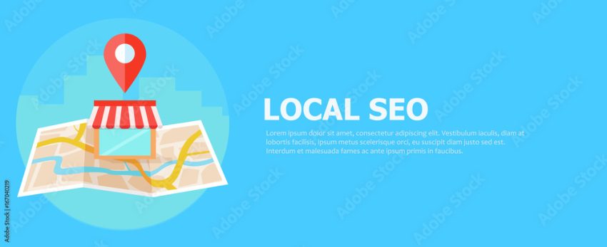 Local seo banner, Map and shop in realistic view.