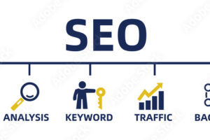 SEO search engine optimization concept. web banner with icons and keywords