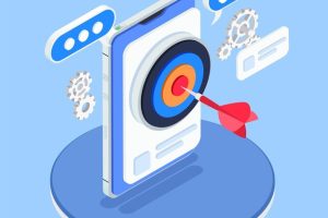 Application store optimization 3d composition with isometric target with arrow on smartphone screen