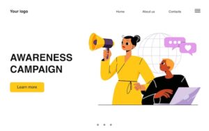 Awareness campaign landing page social marketing business concept with man and woman characters promoting online in networks using laptop and megaphone public affairs line art flat vector web banner