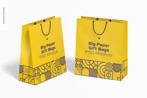 Big paper gift bag with rope handle mockup, perspective view