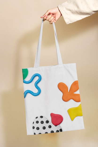 Canvas tote bag mockup psd with abstract plasticine clay pattern