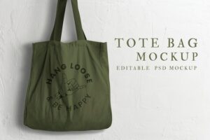 Canvas tote bag mockup psd with rock on hand logo