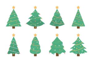 Christmas tree set isolated green tree illustartion with decorative toys and stars on white background