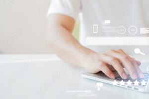 close up man hand type on keyboard laptop to use search engine optimization