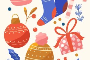 Collection of new year and christmas elements traditional winter holiday decoration clothes gifts colorful vector illustration