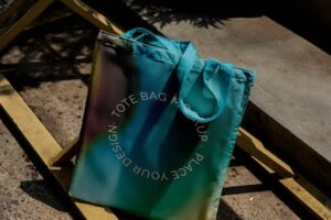 Colorful tote bag mock-up outdoors on golden hour