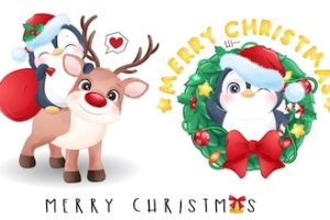 Cute doodle penguin for merry christmas illustration set