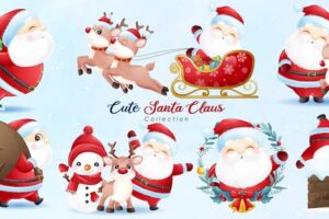 Cute  santa claus and friends for christmas day with watercolor illustration