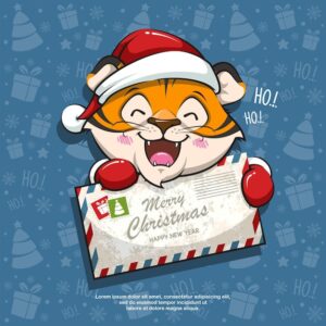 Cute tiger santa claus with christmas postcard. merry christmas and happy new year