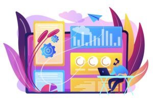 Digital marketing strategist working with digital technologies and media. attribution modeling, brand insight and measurement tools concept. bright vibrant violet  isolated illustration