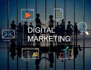 Digital marketing with icons and business people