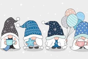 Draw vector banner snow gnome for winter and christmas